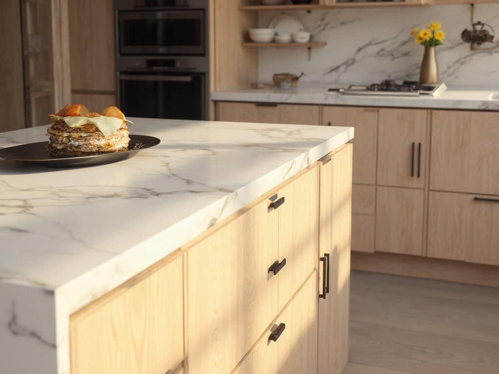 "White oak kitchen cabinets with a marble waterfall island, minimalist hardware and integrated stainless steel appliances, lit by warm golden sunlight in a neutral color palette setting."